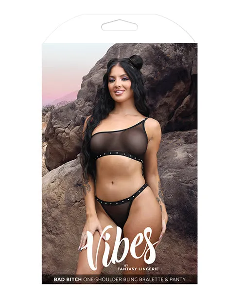 Vibes Bad Bitch One Shoulder Bling Bralette & Panty Black | Fantasy Lingerie Anal