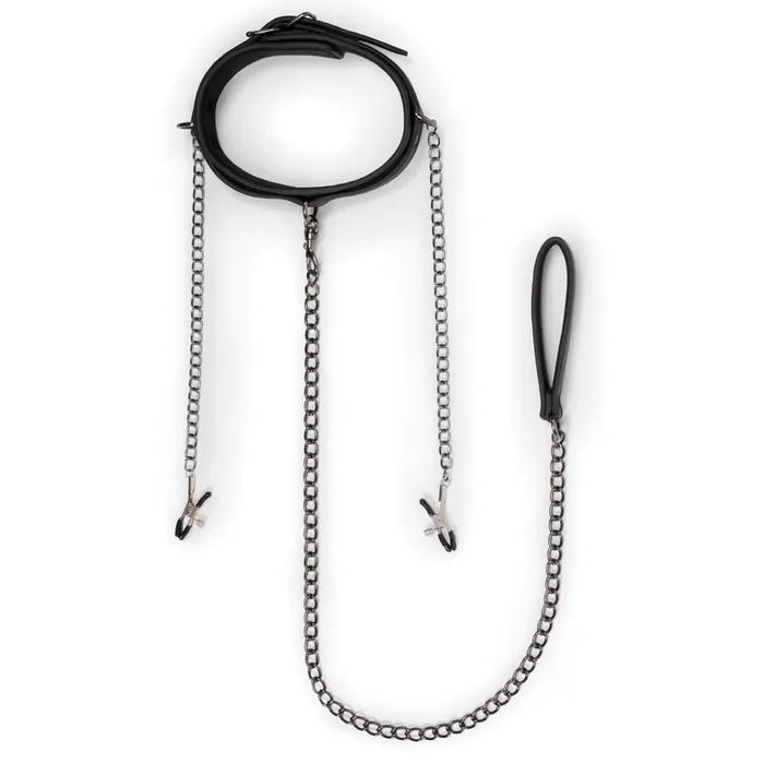 Couples Easy Toys Easy Toys Faux Leather Collar wNipple Chains